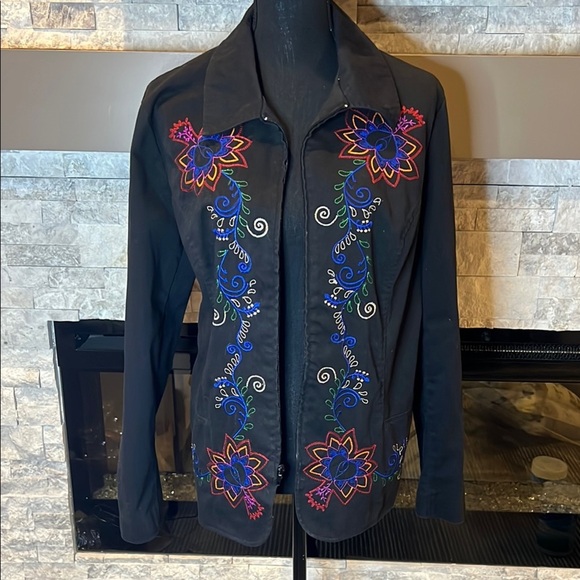 Koret Black cotton blend Floral Embroidered Jacket size Large - Picture 1 of 8